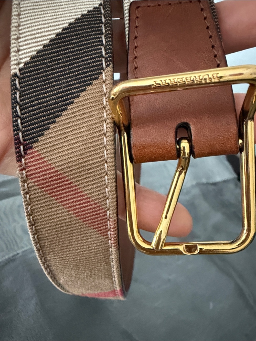 Burberry Brown Leather & Canvas Belt with Gold Buckle - Picture 7 of 8